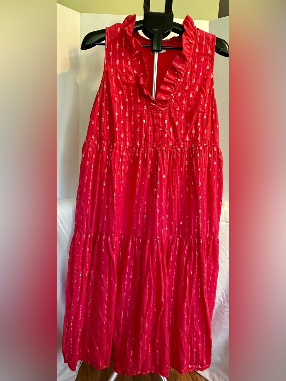 crown & ivy Red Tiered Maxi Dress with Ruffle V-Neck and Metallic Stripes
